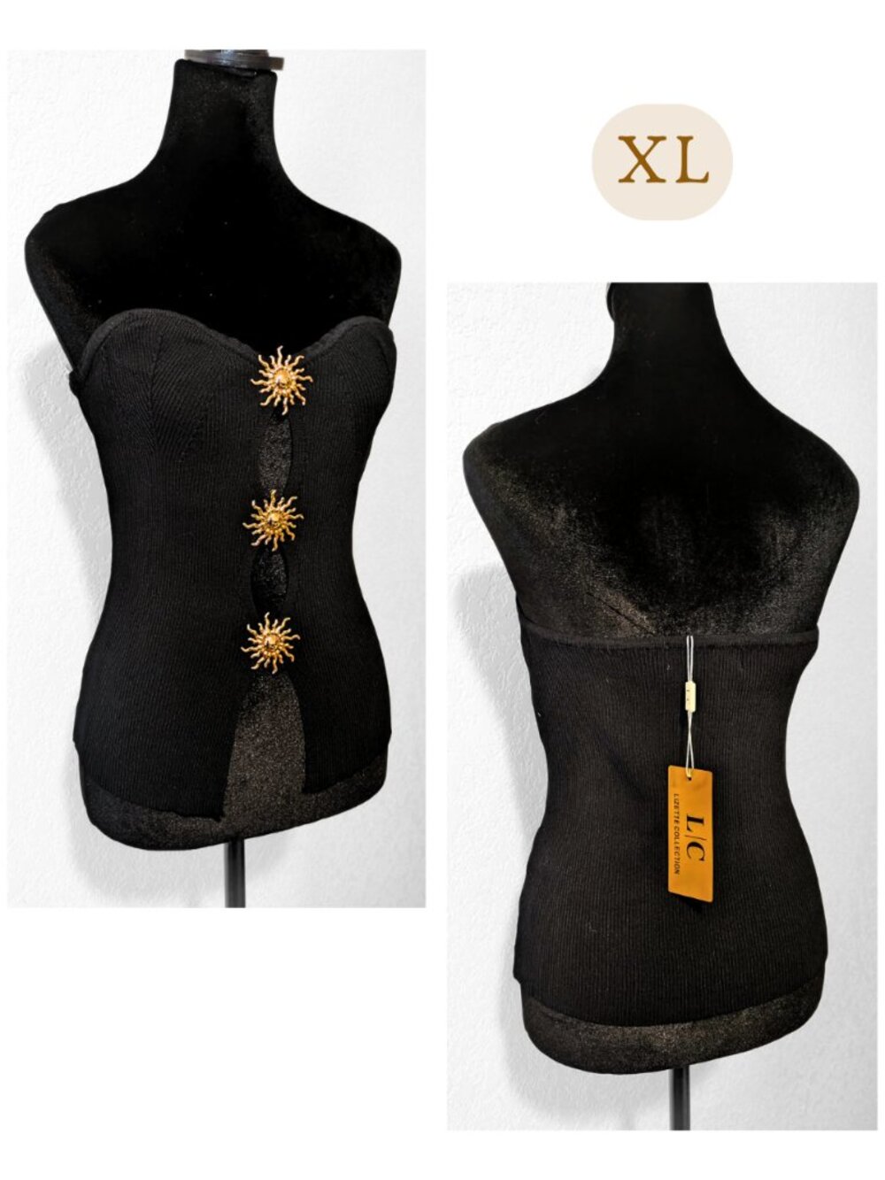 Lizette Collection Celestial XL Black Ribbed Sunburst Cutout Strapless Top Y2K